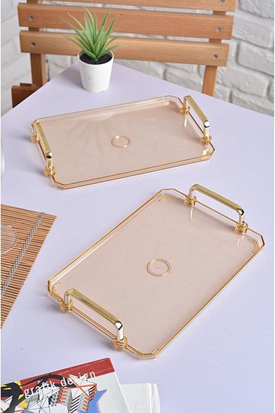 ŞURA MUTFAK Turkish Coffee Presentation Tray with Gold Handle |   Stylish Set of 2 25X17Cm