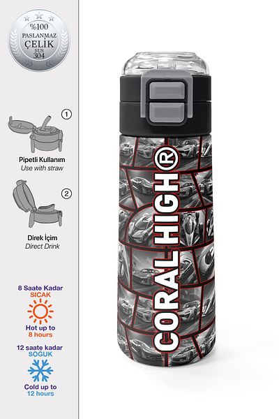 Coral High Kids Black Red Car Patterned Steel Thermos with Straw and Direct Drinking 500 ml 31867