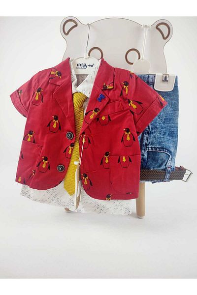 GAMZEAKKUŞ Penguin Pattern Jacket, Shirt, Denim Shorts, Tie and Belt 5-Piece Boy's Suit