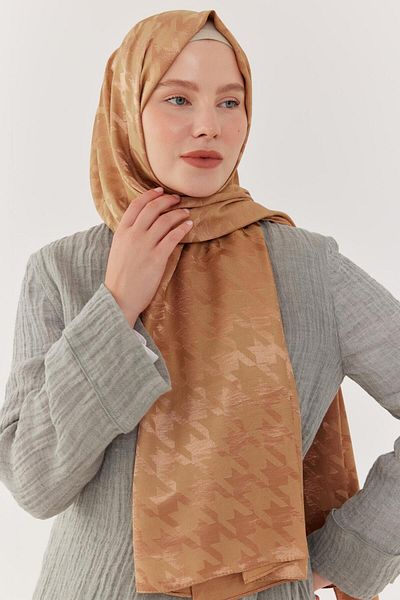 MİRSOY SCARF Γυαλιστερό Ζακάρ Σάλι Houndstooth - Μπεζ άμμου