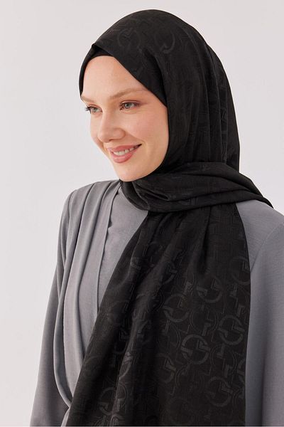 MİRSOY SCARF Shiny Jacquard Patterned Black Shawl - Daka