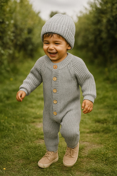 Nimini Kids Ahşap Düğme Detaylı Kışlık Unisex Bereli Triko Bebek Tulumu