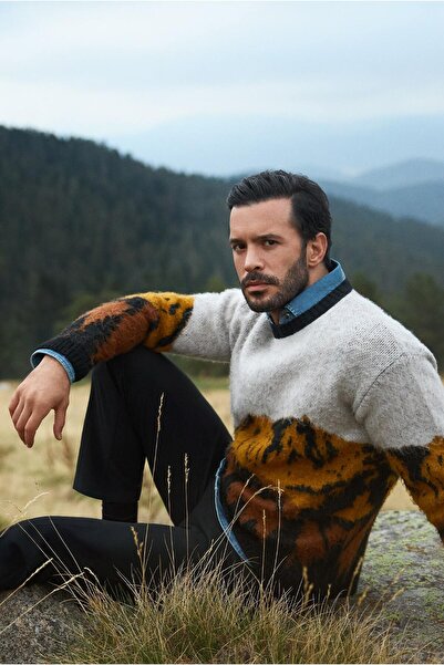 Kiğılı Bisiklet Yaka Oversize Desenli Triko Kazak