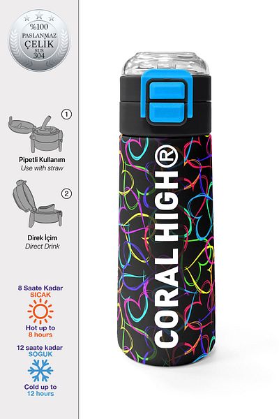 Coral High Kids Multicolor Heart Patterned Straw and Direct Drinking Steel Thermos 500 ml 31870