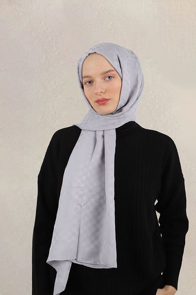 MİRSOY SCARF Ανοιχτό γκρι Μικρό Σάλι Ζακάρ με σχέδιο σκακιέρας