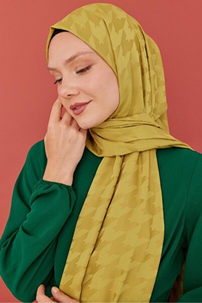 MİRSOY SCARF Oil Green Silky Jacquard Shawl - Houndstooth Patterned