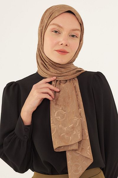 MİRSOY SCARF Shiny Jacquard Checker Patterned Shawl - Sand Beige