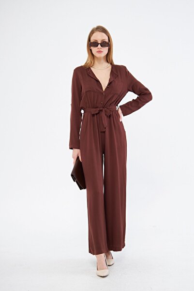 Pasaklı Giyim Women's Coffee Pocket Elastic Waist Belt Long Sleeve Round Neck Buttoned Comfortable Fit Jumpsuit 3297451