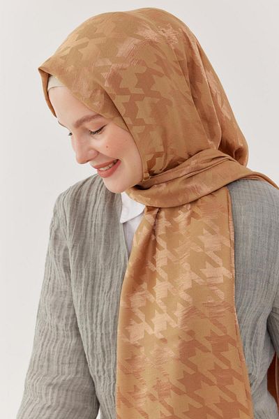 MİRSOY SCARF Γυαλιστερό Ζακάρ Σάλι Houndstooth - Μπεζ άμμου