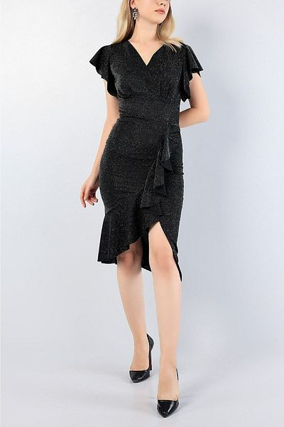 Secret Passion Lingerie Rochie de lungime midi cu guler dublu cu volane din țesătură lurex 121 582046