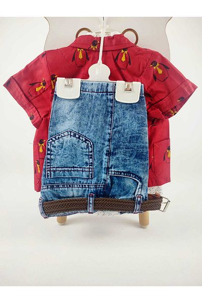 GAMZEAKKUŞ Penguin Pattern Jacket, Shirt, Denim Shorts, Tie and Belt 5-Piece Boy's Suit