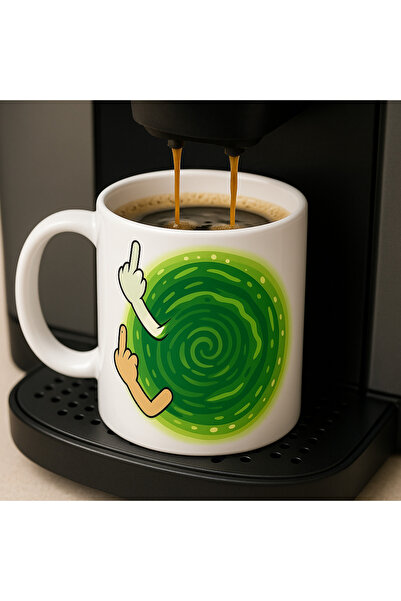 cakaybu Rick and Morty Mizahı: Orta Parmak Portal Desenli Beyaz Kupa