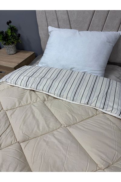 Clasy 100% Cotton Satin Double Quilt Double Sided Mıha V1 Striped Patterned Quilted Cream-Beige