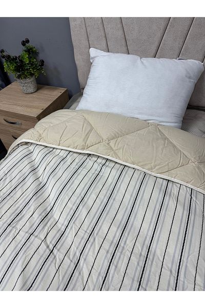 Clasy 100% Cotton Satin Double Quilt Double Sided Mıha V1 Striped Patterned Quilted Cream-Beige