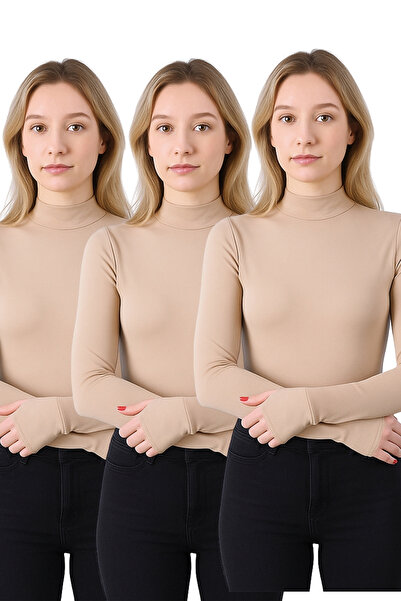 MS HAMİLE İÇ GİYİM KADIN PARMAK DETAYLI BALIKÇI YAKA UZUN KOLLU ATLET SETİ 3LÜ