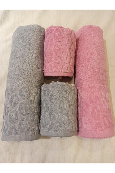 ŞENER HOME Σετ 4 τεμαχίων Bade Bath, Πετσέτα μπάνιου και κεφαλιού - Grey&lila