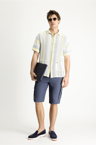 Kiğılı Kısa Kol Oversize Çizgili Pamuk Gömlek