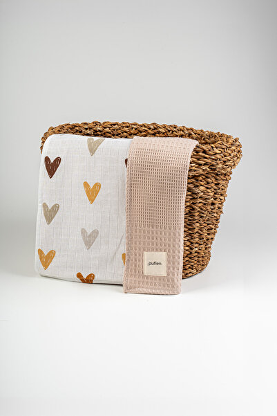 pufien Heart Patterned Multi-Purpose Muslin Baby Blanket, Waffle Baby Blanket...