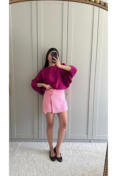 HAZELANNA Pirinç Düğmeli Pembe Şort Etek