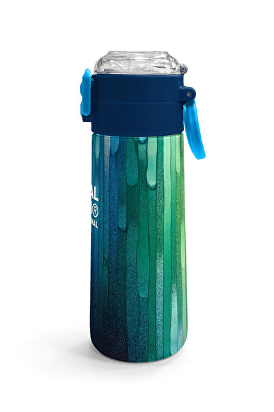 Coral High Kids Navy Blue Colored Striped Patterned Straw and Direct Drinking Steel Thermos 500 ml 31890