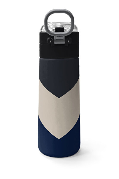 Coral High Kids Navy Blue Dark Gray Beige Patterned Straw and Direct Drinking Steel Thermos 500 ml 31893