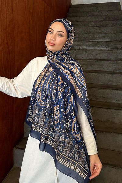 lamelif.com شال قطني منقوش باللون الأزرق الداكن والذهبي