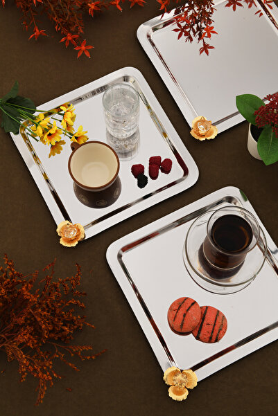 AKSESUAR EVRENİ Marev Gold Stone Detailed 3 Presentation Trays Silver