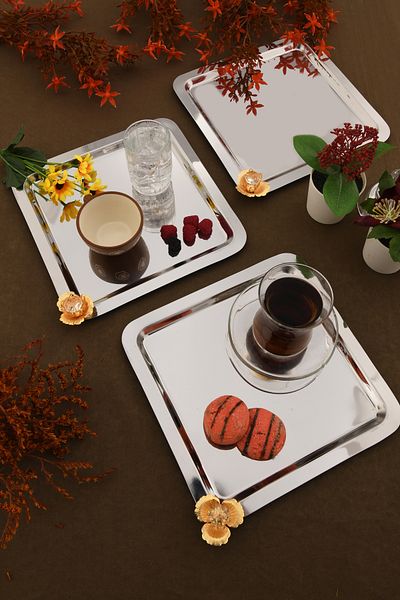 AKSESUAR EVRENİ Marev Gold Stone Detailed 3 Presentation Trays Silver