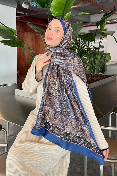 lamelif.com Памучен шал с ретро мотив, индиго бежов