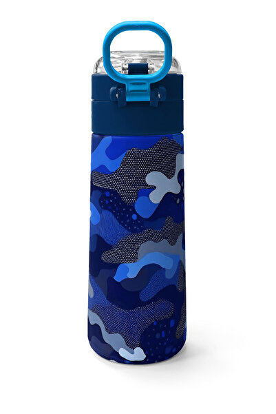 Coral High Kids Navy Blue Saks Camouflage Patterned Straw and Direct Drinking Steel Thermos 500 ml 31889