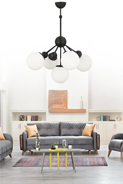 İstanbul Avize Larin 5'li Siyah Beyaz Glop Camlı Avize