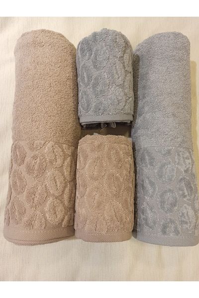 ŞENER HOME Σετ 4 τεμαχίων Bade Bath, Πετσέτα μπάνιου και κεφαλιού - Καφέ & γκρι