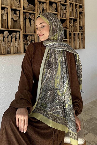 lamelif.com Cotton Retro Patterned Shawl - Oil Green