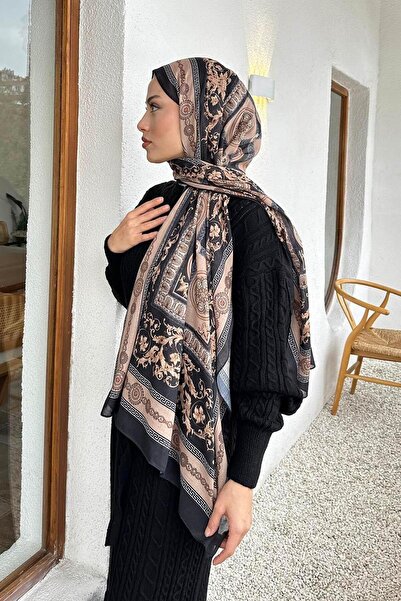 lamelif.com Versa Desen Pamuk Şal Siyah Vizon