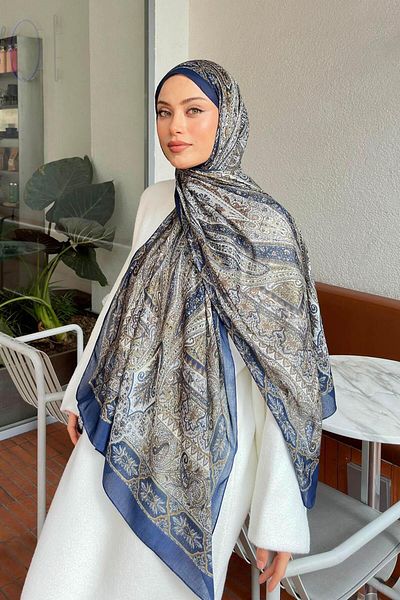 lamelif.com Şal retro din bumbac albastru bleumarin verde ulei - cu model
