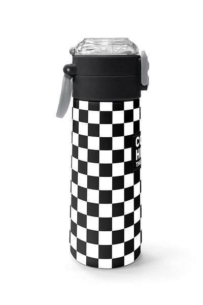 Coral High Kids Black and White Checkerboard Patterned Steel Thermos with Straw and Direct Drinking 500 ml 31877