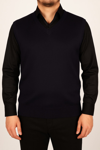 FATELLA Erkek Baba V Yaka Lacivert Triko Süveter – Klasik ve Şık