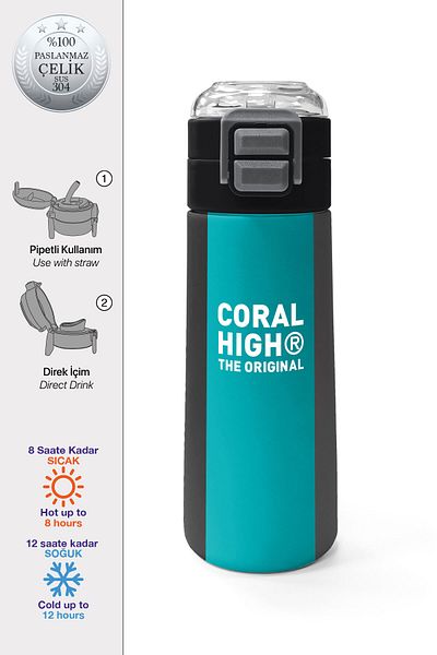 Coral High Kids Colorful Striped Patterned Straw and Direct Drinking Steel Thermos 500 ml 31896