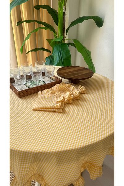 Decamor home Față de masă rotundă, subțire, galbenă, mini Gingham