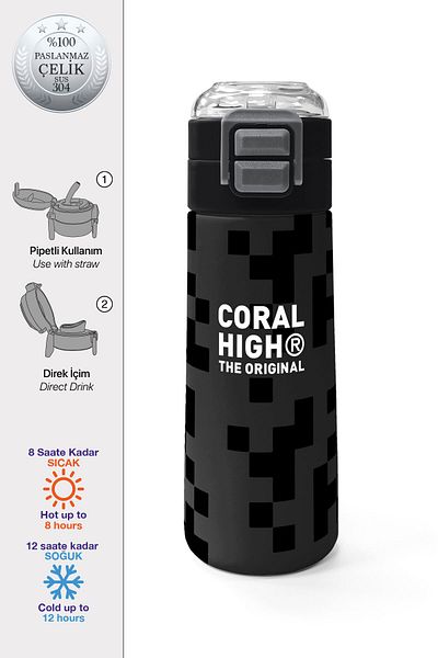 Coral High Kids Black Block Patterned Steel Thermos with Straw and Direct Drinking 500 ml 31894
