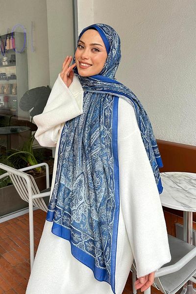 lamelif.com Βαμβακερό σάλι με ρετρό σχέδιο Indigo Flower