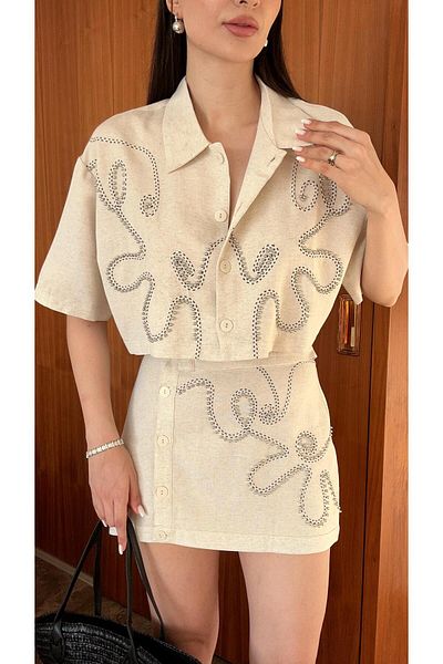 HAZELANNA Linen Skirt - Embroidery Detailed