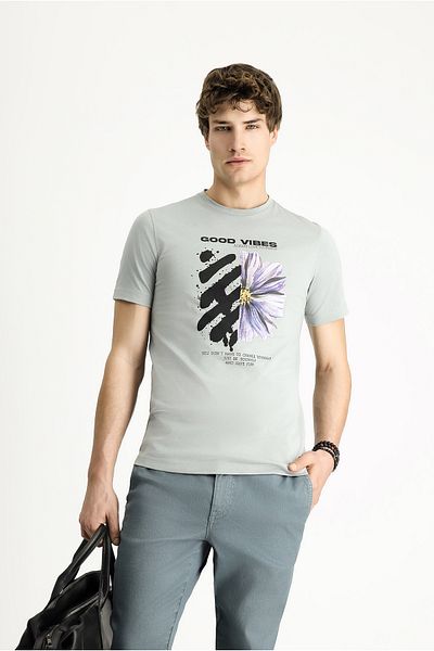 Kiğılı Printed Slim Fit Crew Neck Cotton T-Shirt