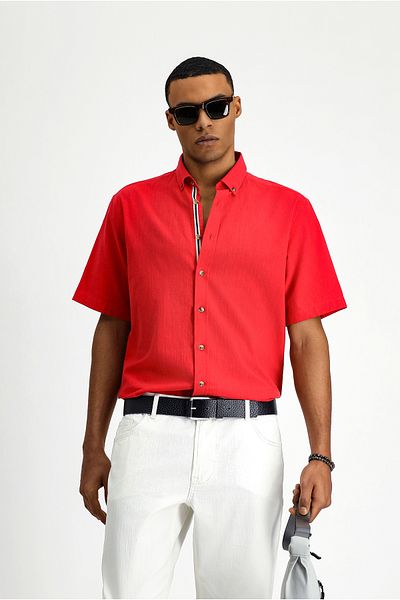 Kiğılı Short Sleeve Regular Fit Button Collar Linen Look Cotton Sports Shirt