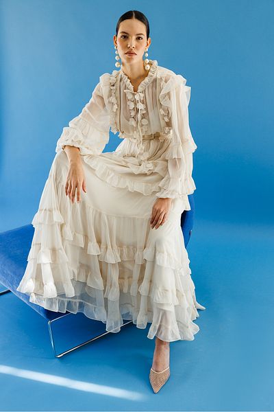Nefeli Collar Flywheel Detailed Maxi Length Chiffon Dress with Sleeves