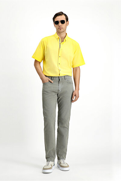 Kiğılı Kısa Kol Regular Fit Düğmeli Yaka Keten Görünümlü Pamuk Spor Gömlek