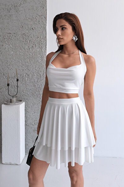 STANVİA Set de bluză și fustă albă cu volane, cu guler degradat, cu volane în...