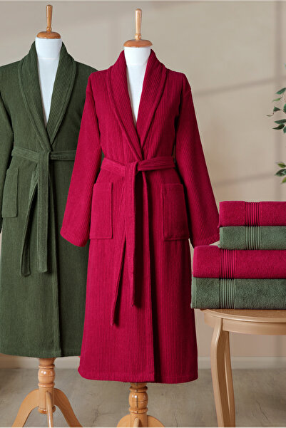 Ellaline 6 Piece Striped Bathrobe Set 100% Cotton Certified Family Towel Bathrobe Set Dowry Set Burgundy Green