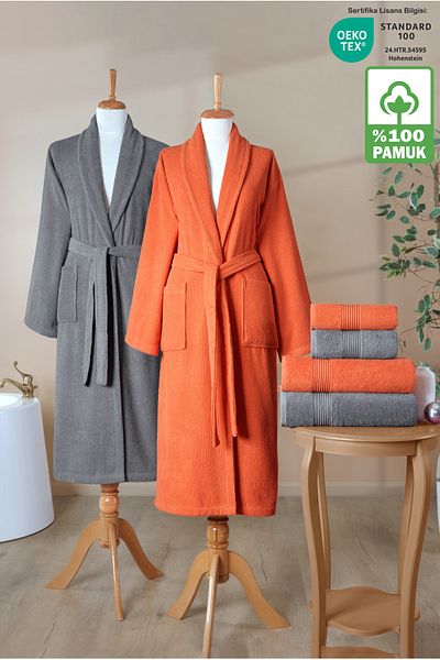 Ellaline Σετ μπουρνούζι 6 τεμαχίων ριγέ 100% βαμβάκι με πιστοποίηση, οικογενειακό σετ μπουρνούζι Shalyaka γκρι πορτοκαλί