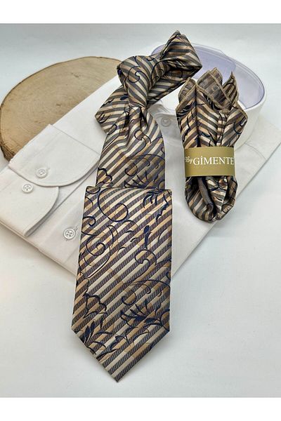 Gutiero Beige Patterned Classic Tie with Handkerchief